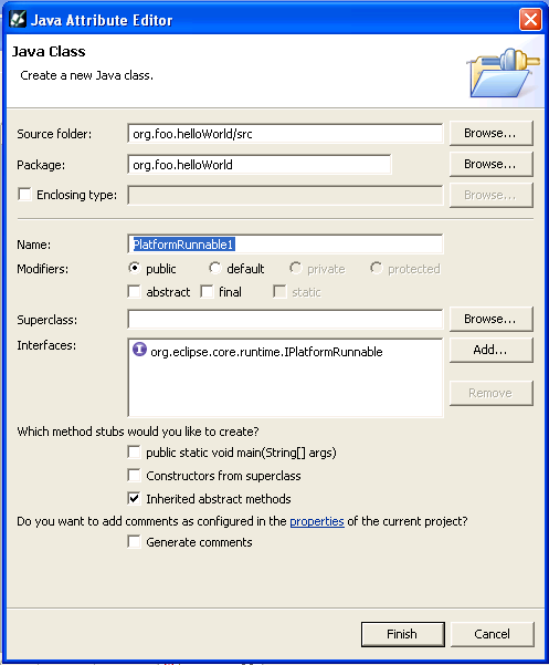 in the attribute editor dialog select finish to create a default version of your class